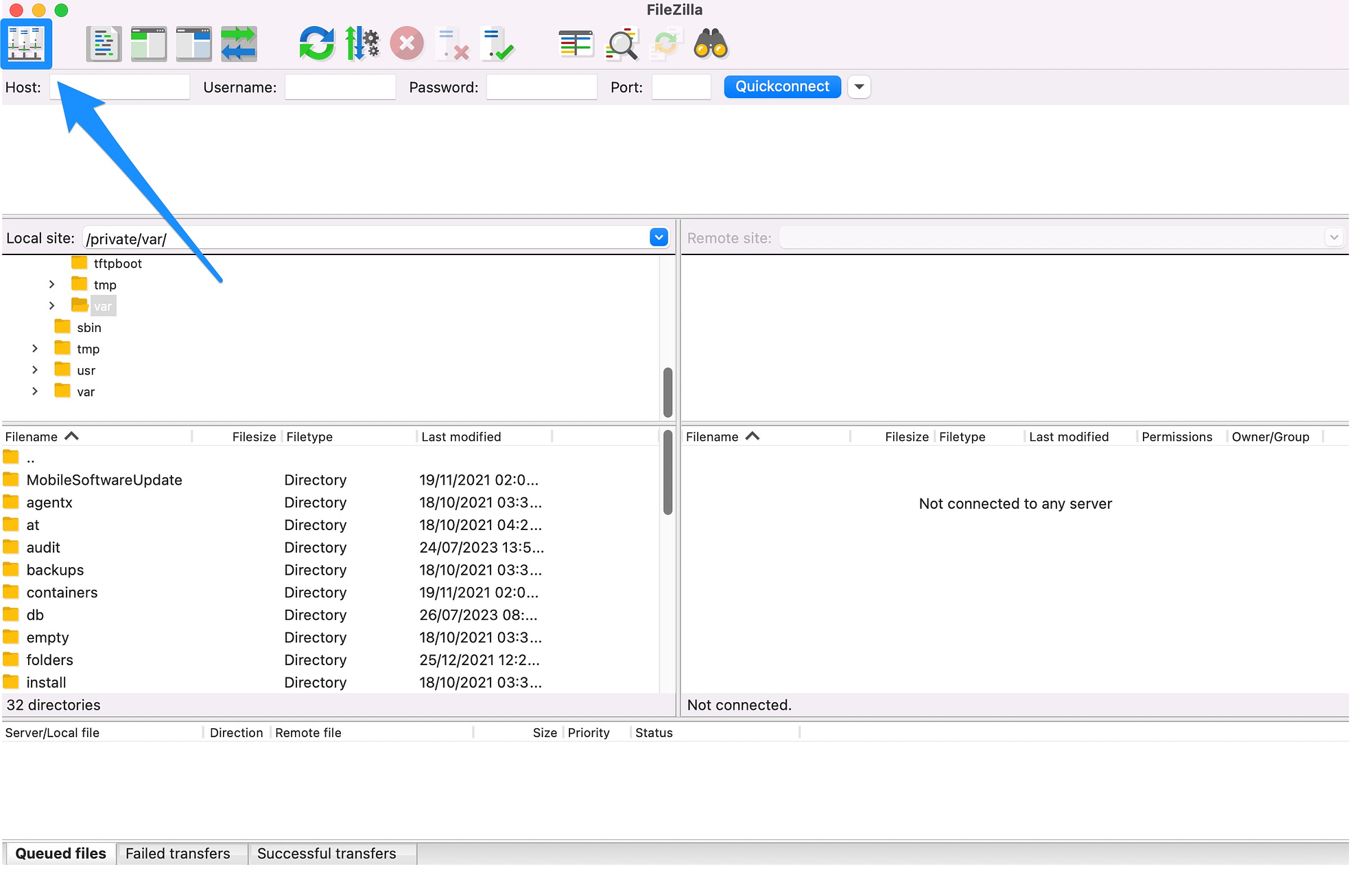 Acceda al Administrador del sitio FileZilla.