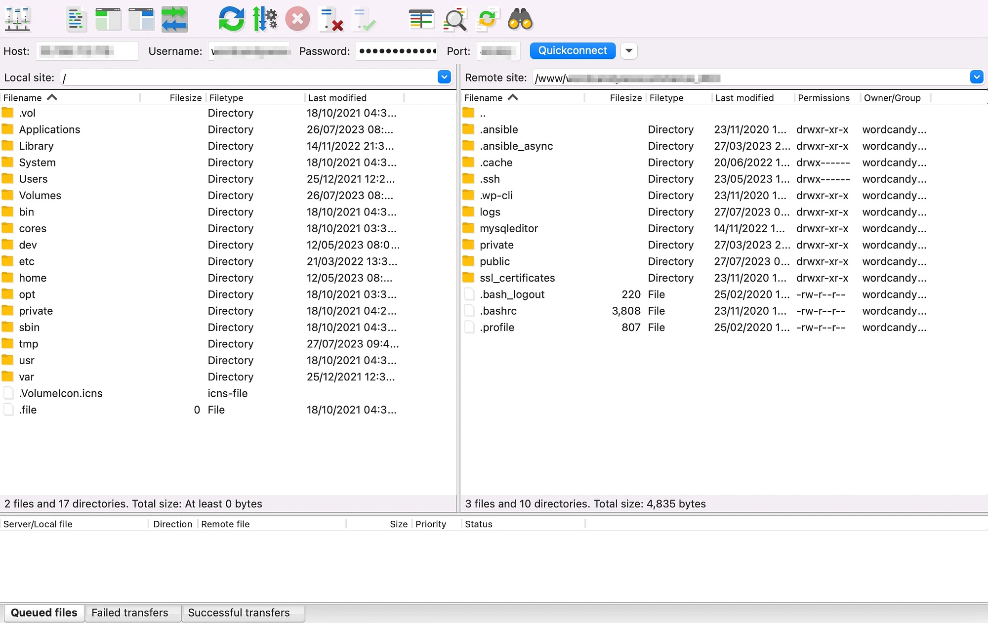 ด้านหนึ่งของการเรียนรู้วิธีใช้ FileZilla คือการทำความเข้าใจเค้าโครงคอลัมน์ของอินเทอร์เฟซ