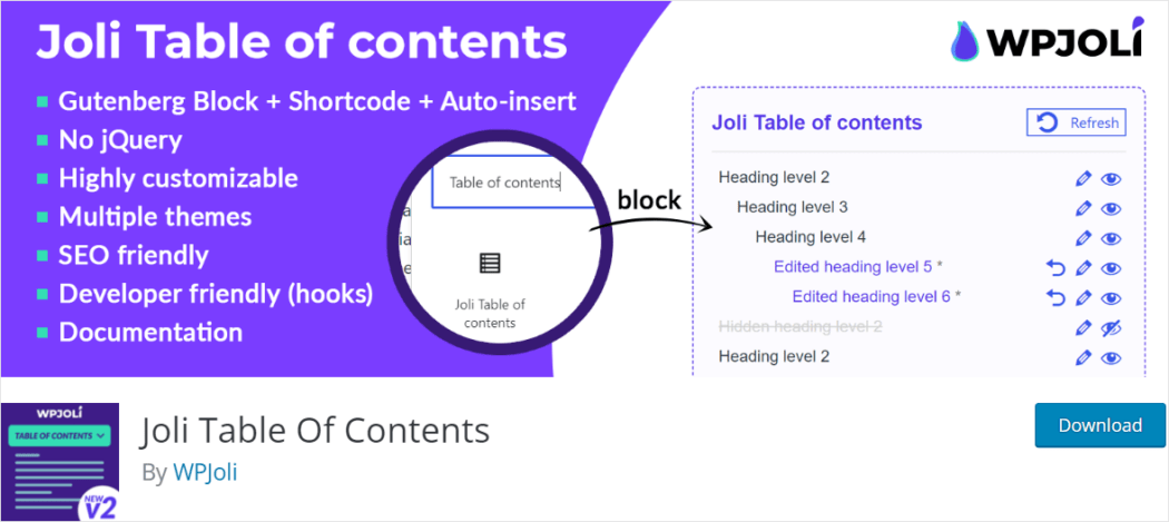 Tabla de contenidos de Joli