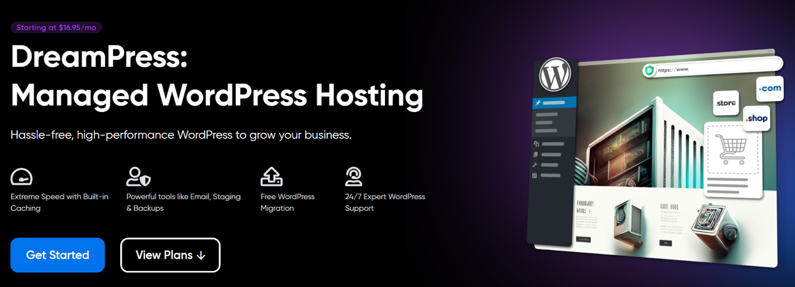 Jajaran paket hosting WordPress terkelola DreamHost disebut DreamPress.