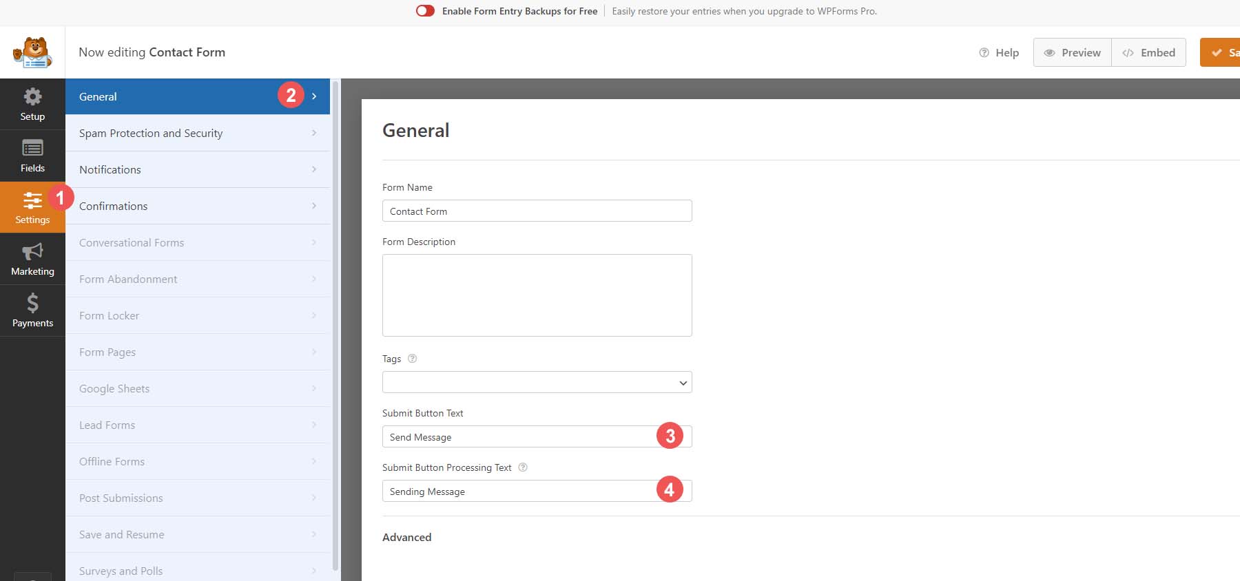 Pestaña general de configuración de formulario