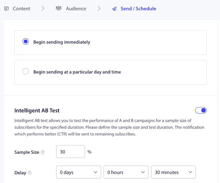 Legen Sie Optionen für intelligente A/B-Tests fest