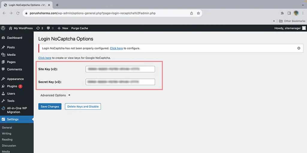 Pasting site key and secret key for enabling Login No Captcha ReCaptcha