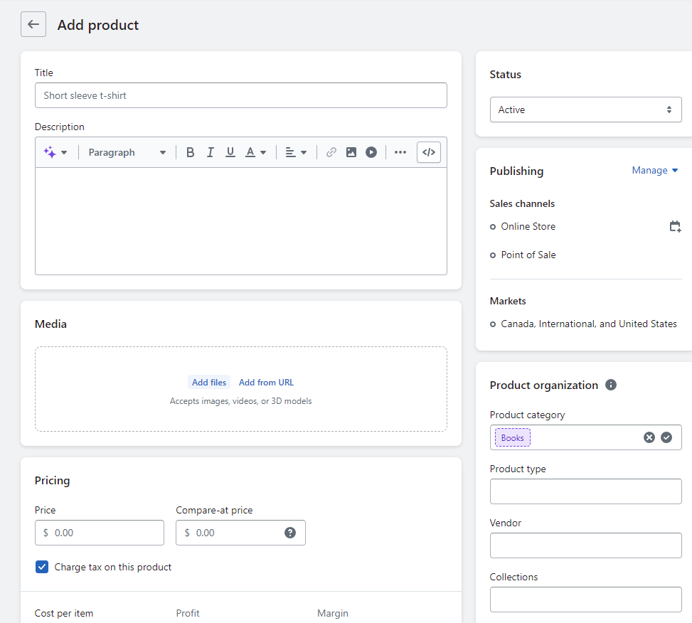 Area di configurazione del prodotto Shopify per il confronto tra Shopify e WooCommerce.