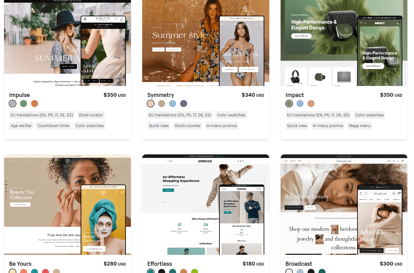 Exemples de thèmes premium de Shopify pour la comparaison Shopify vs WooCommerce.