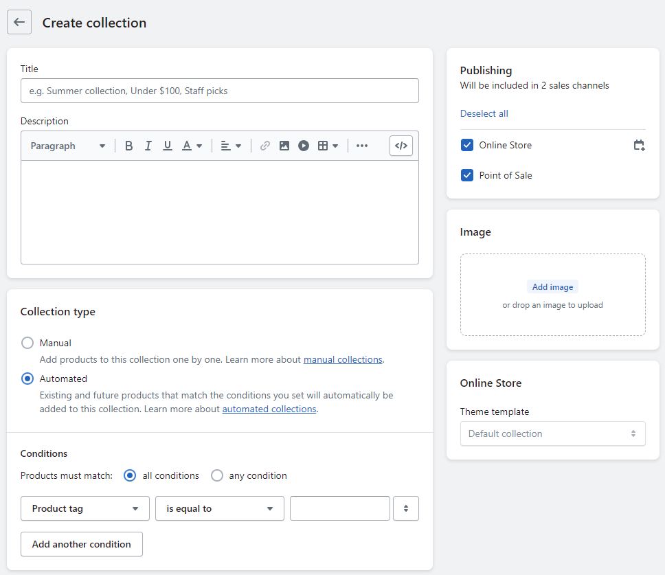 Configuration de la collection Shopify pour la comparaison Shopify vs WooCommerce.