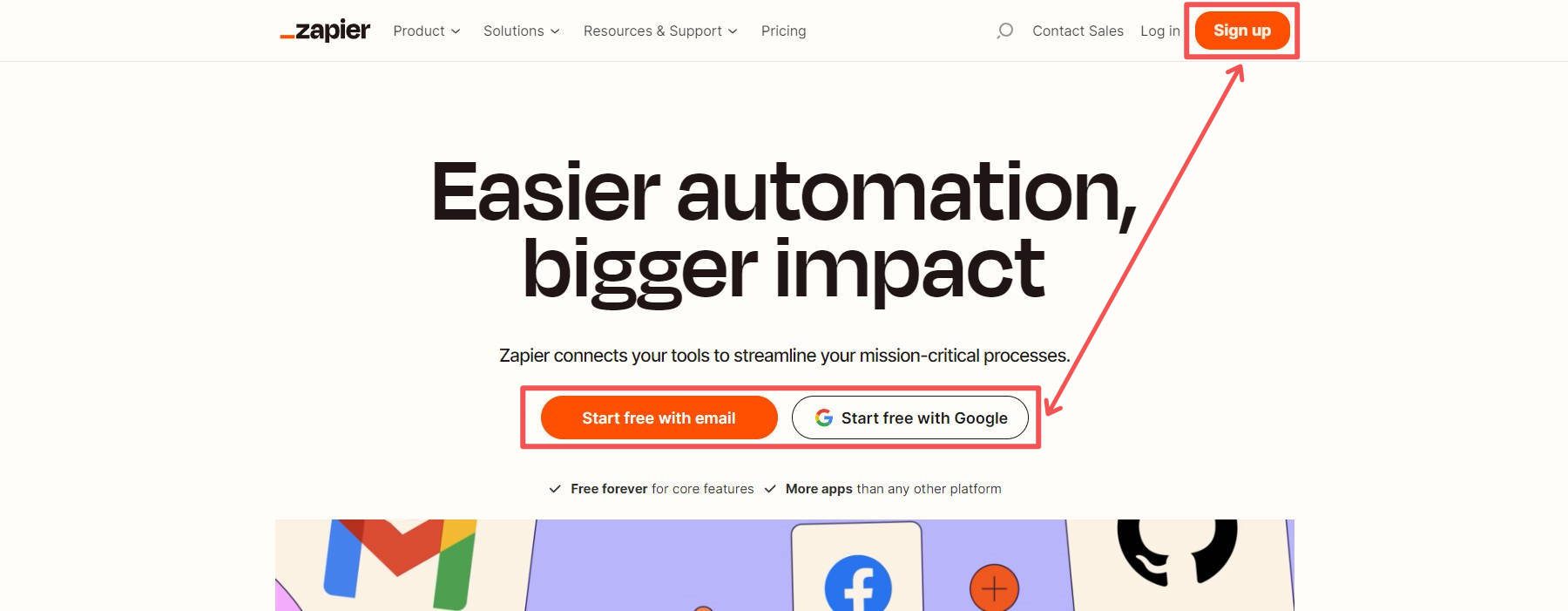 Zapier One مثال للصفحة المقصودة لـ CTA