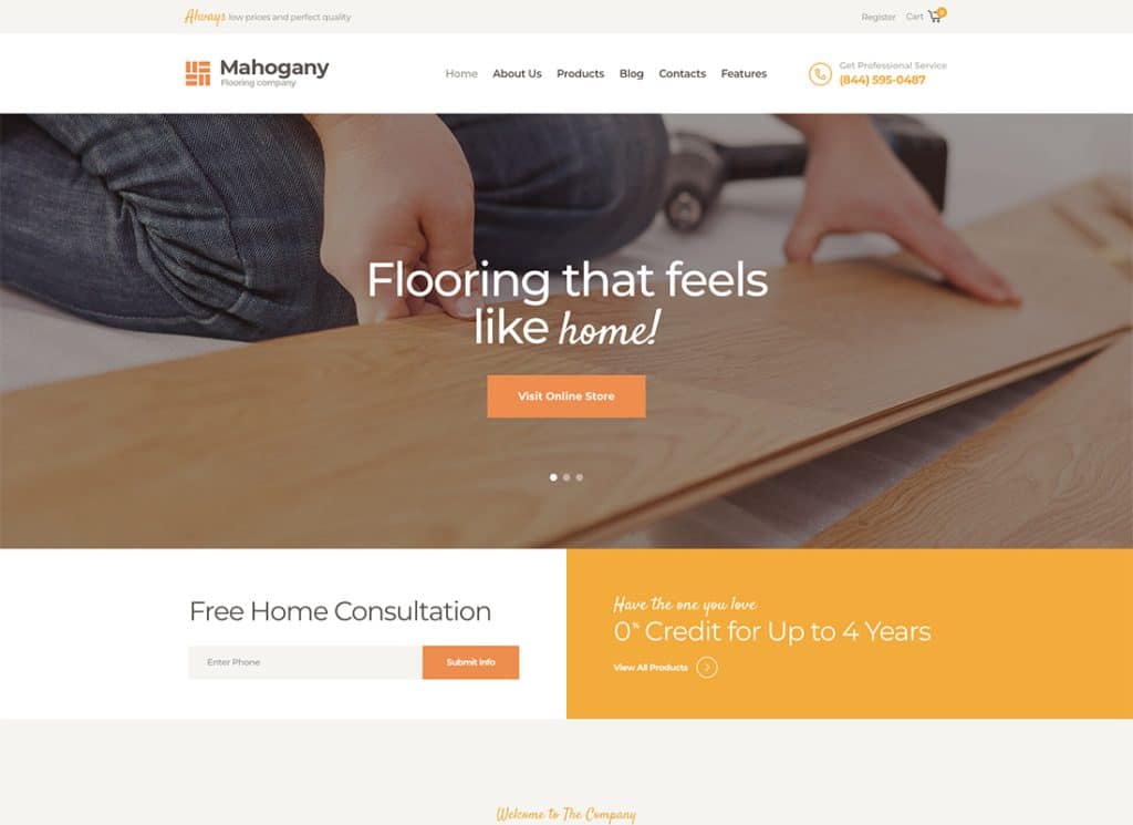 Mahogany — WordPress тема для компании по производству столярных изделий и напольных покрытий