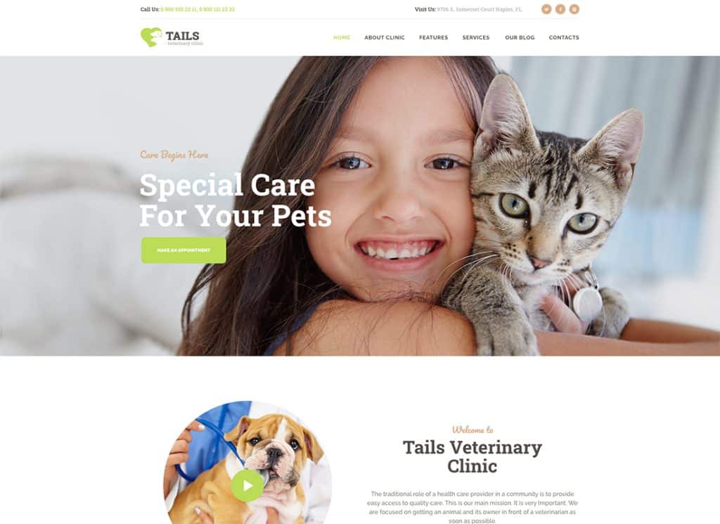 Tails — тема WordPress для ветеринарной клиники, ухода за домашними животными и животными