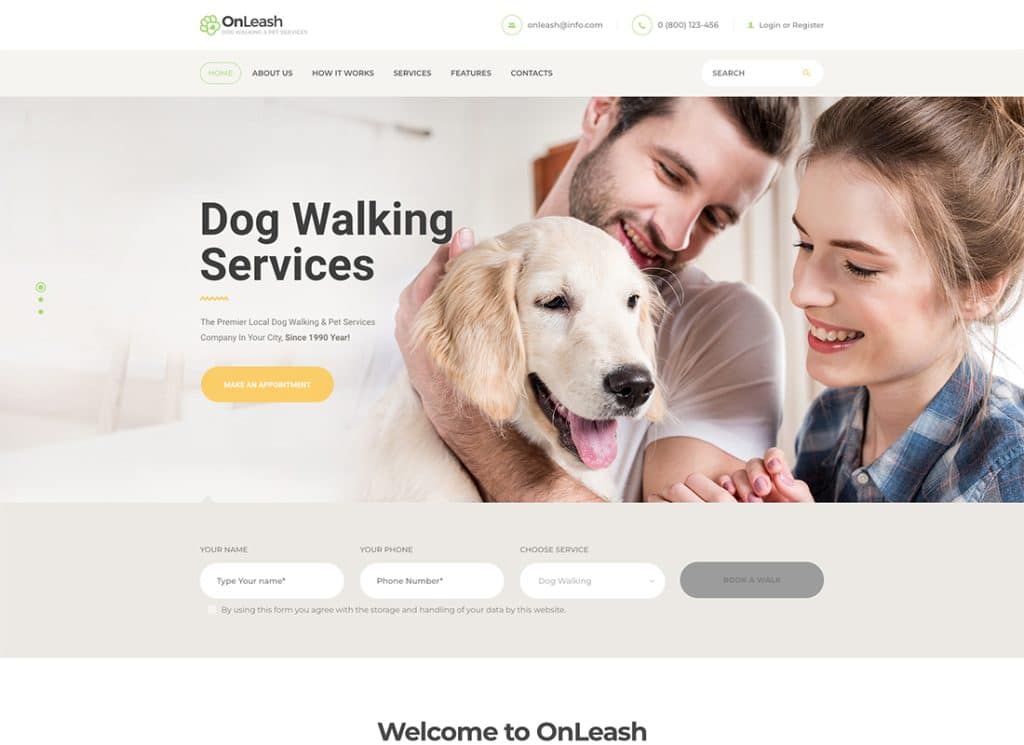 OnLeash - 犬の散歩とペット サービスの獣医用 WordPress テーマ