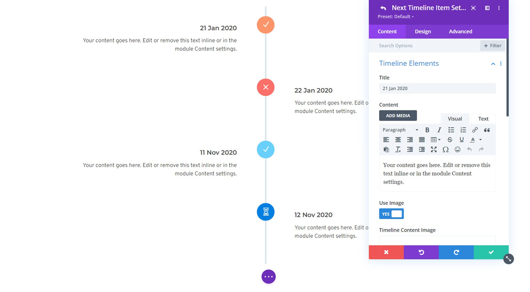 รายการไทม์ไลน์สำคัญของ Divi