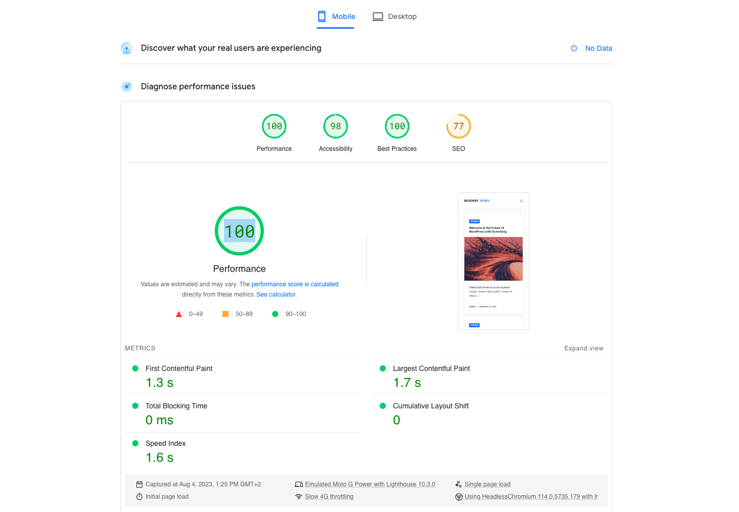 Resultados de desempenho bloqueados usando PageSpeed ​​​​Insights.