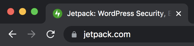 Jetpack.com の SSL を安全な接続で検証する南京錠のアイコン。