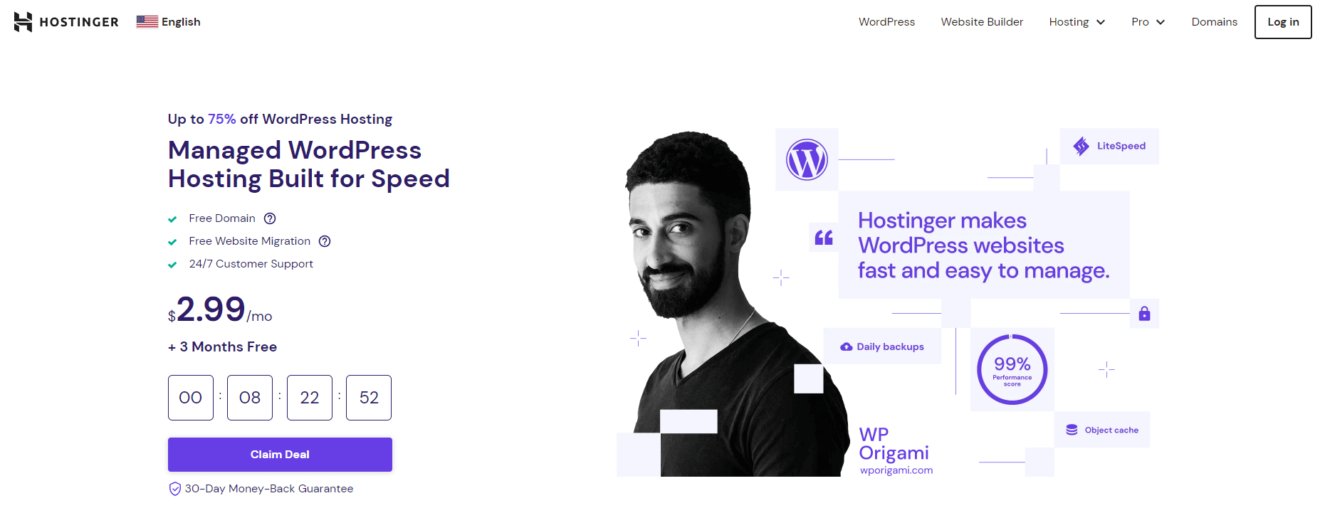 Hostinger WordPress 호스팅 페이지.