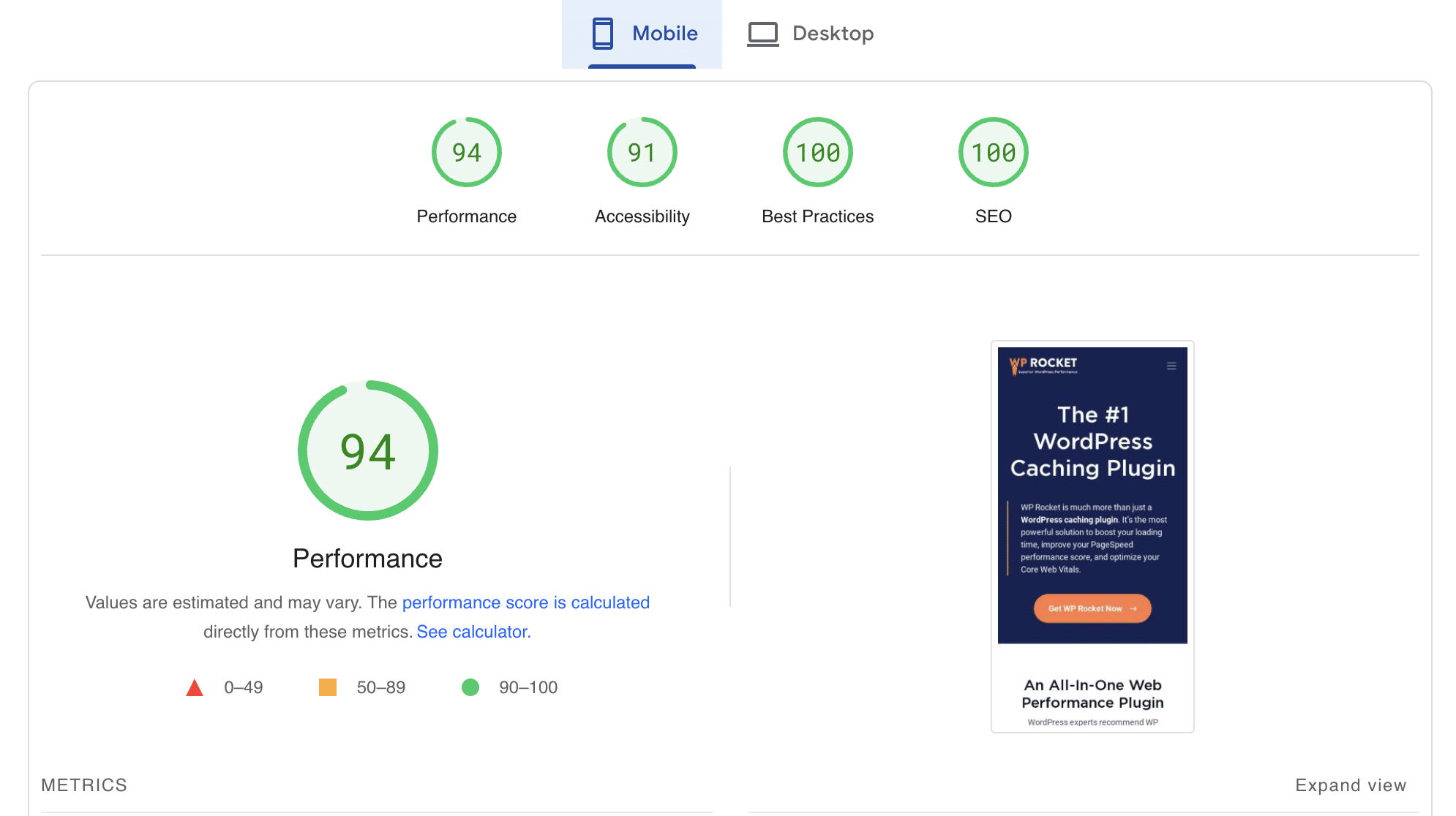 Test de viteză de la Google Pagespeed Checker pentru WP Rocket