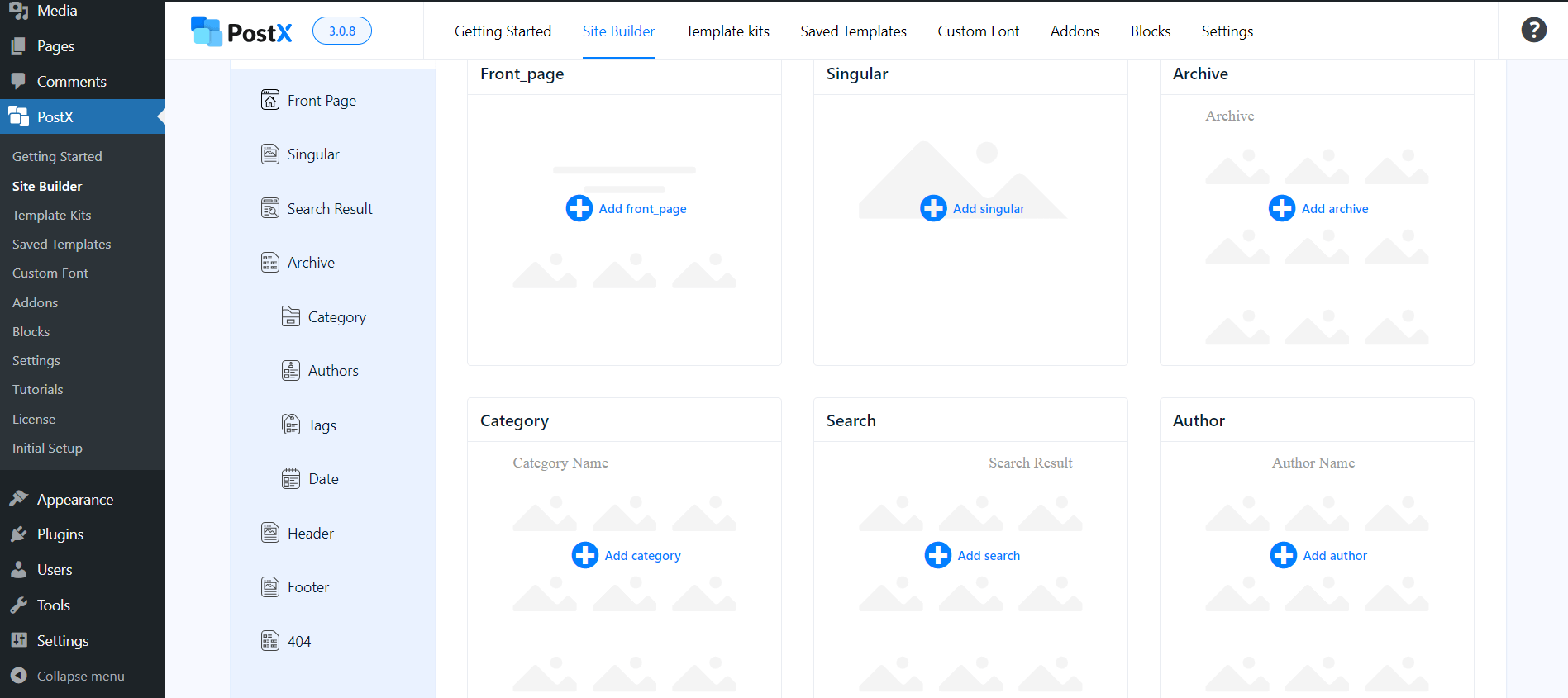 View of the PostX Dynamic Site Builder without Any Templates 