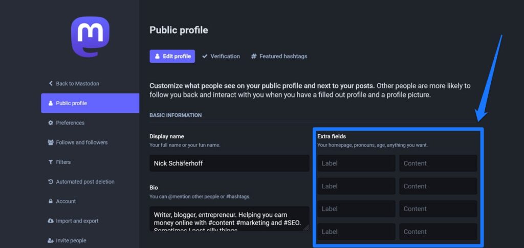 Zusätzliche Felder im Mastodon-Profil