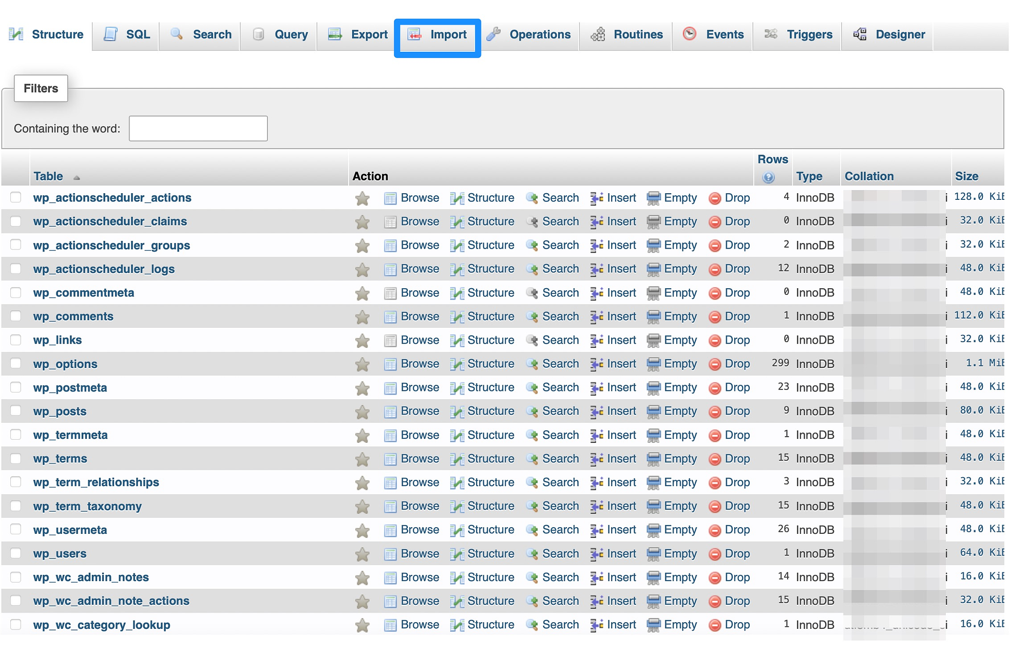 使用 phpMyAdmin 恢复 WordPress 数据库。