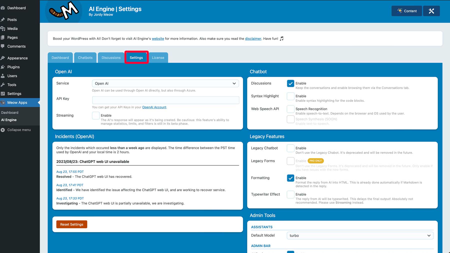 Registerkarte „AI Engine-Einstellungen“.