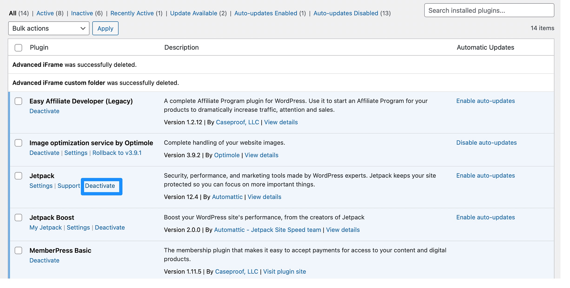 So deaktivieren Sie ein WordPress-Plugin über das Dashboard.