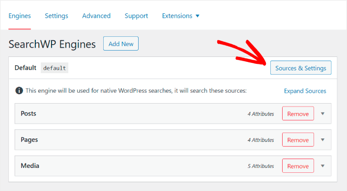 SearchWP-Quellen und -Einstellungen