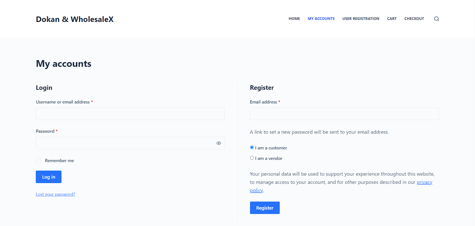 Uno screenshot della registrazione del fornitore e dell'onboarding per creare un mercato all'ingrosso B2B