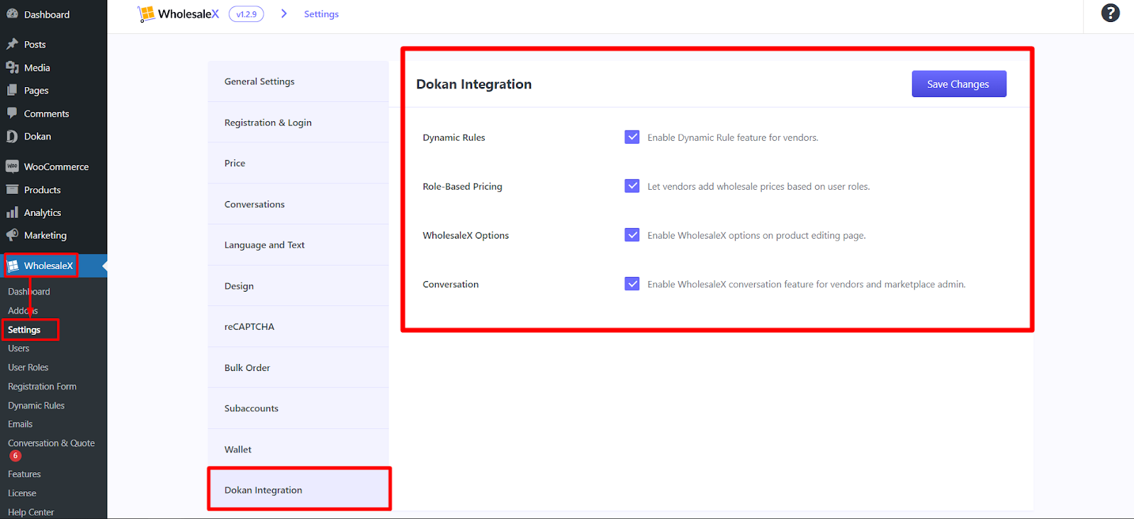 Uma captura de tela para ativar as configurações do WholesaleX para o mercado Dokan