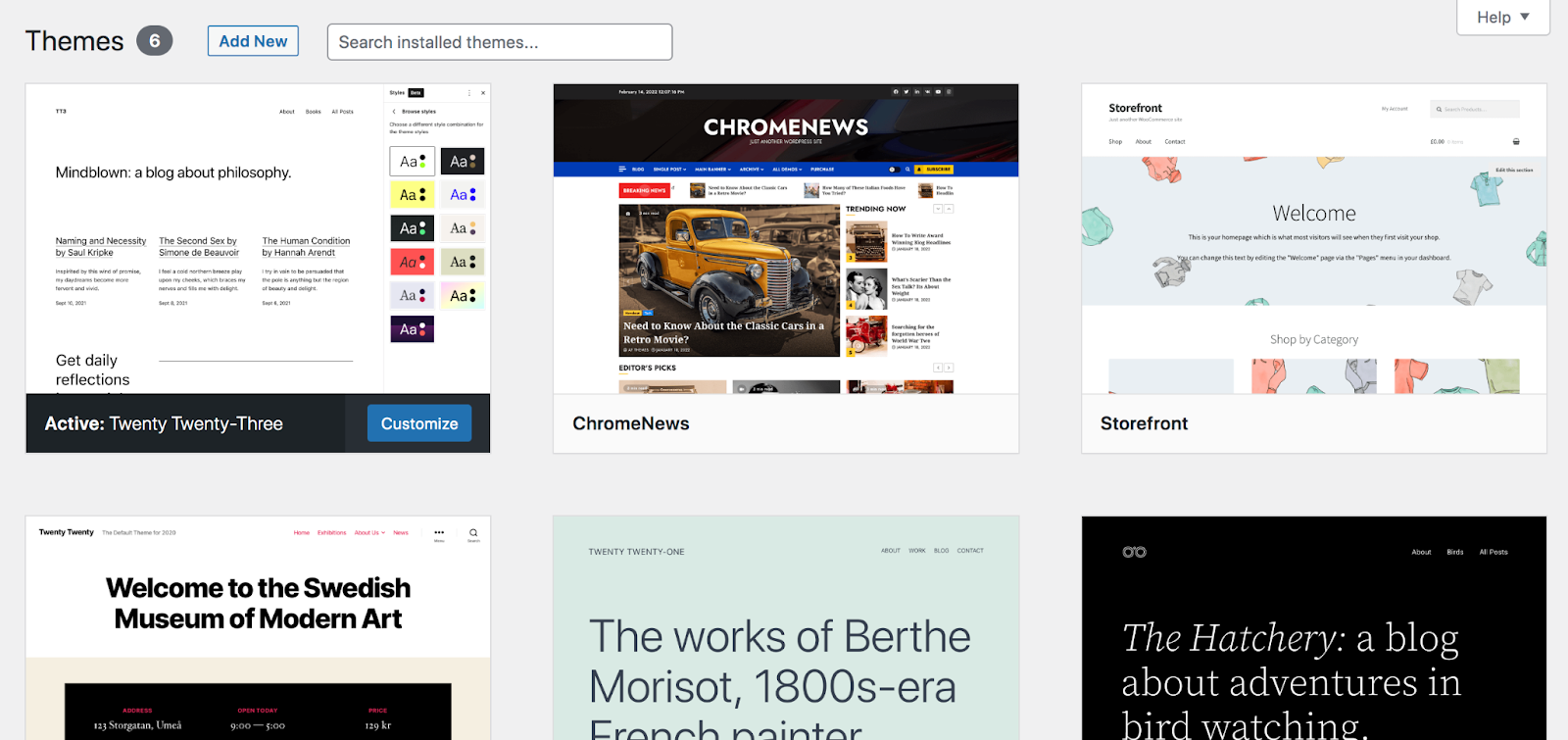 Repositori tema WordPress di dalam dashboard WP.