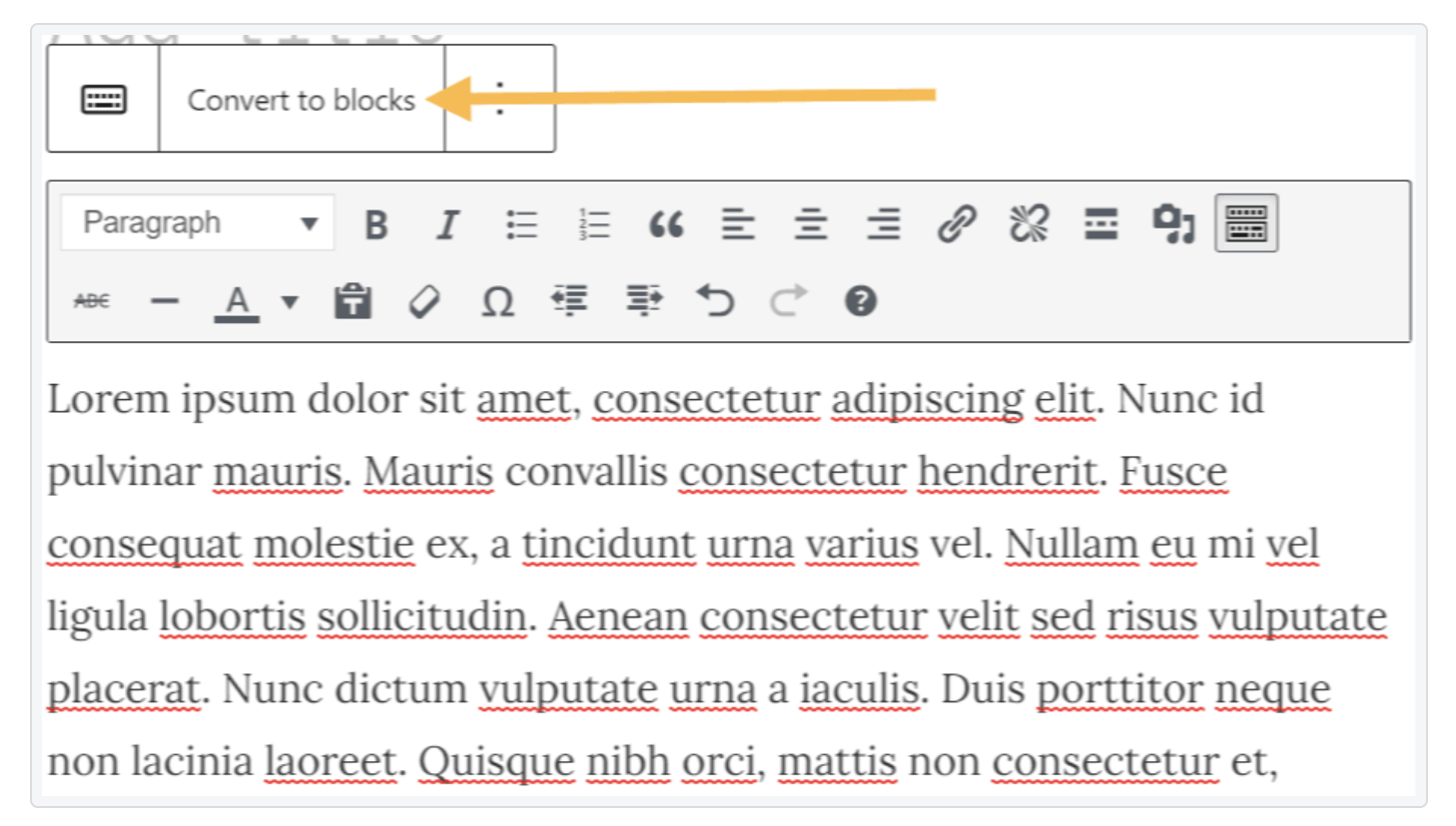 Când treceți la editorul de blocuri, conținutul creat cu editorul clasic va fi automat transformat într-un bloc clasic.