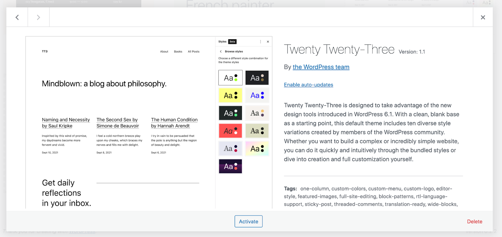 WordPress Twenty Twenty Three テーマ。クリックしてアクティブ化します。