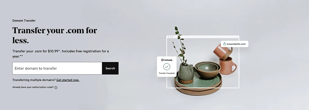 Pagina de transfer de nume de domeniu pe site-ul web GoDaddy.