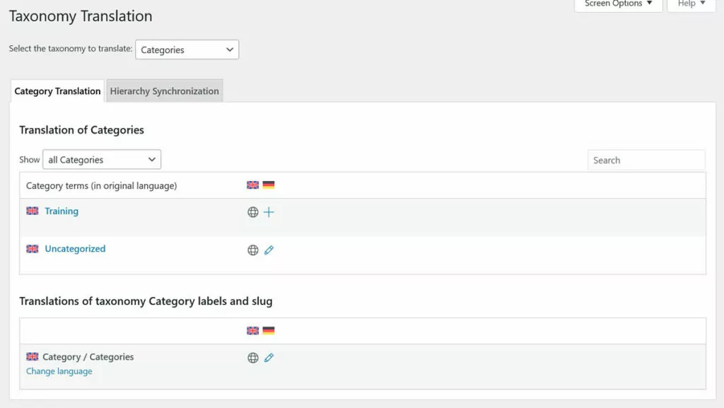 interface de tradução de taxonomia wpml