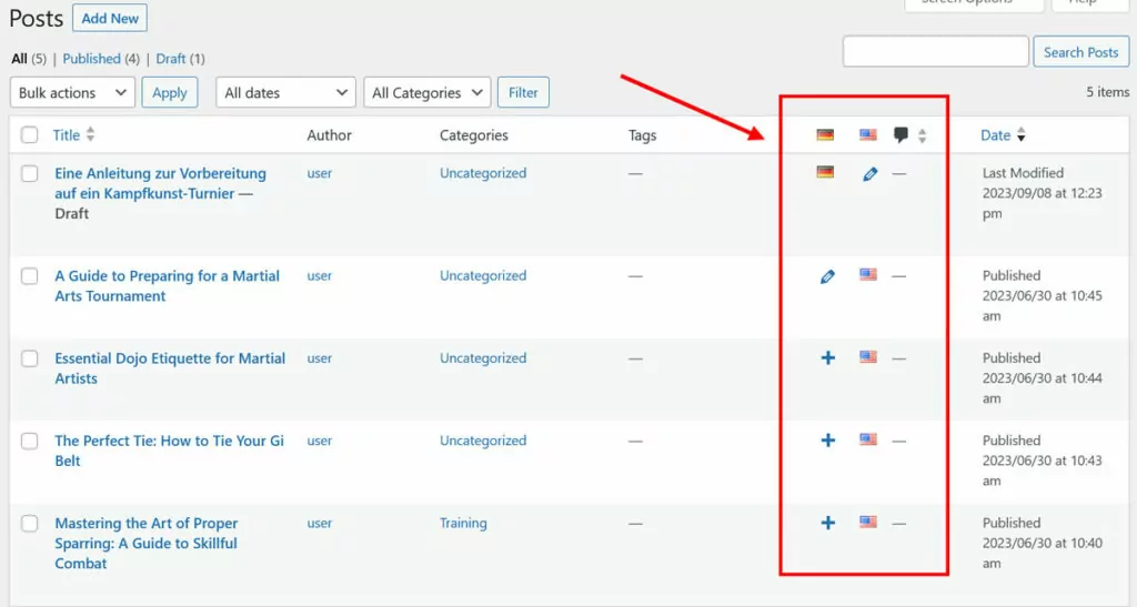 Gestión de traducción de Polylang en el back-end de WordPress.