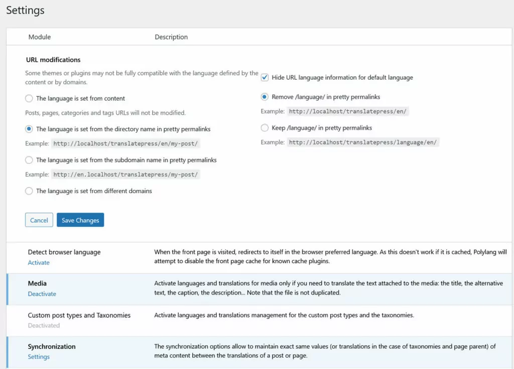 página de configuración de polilang