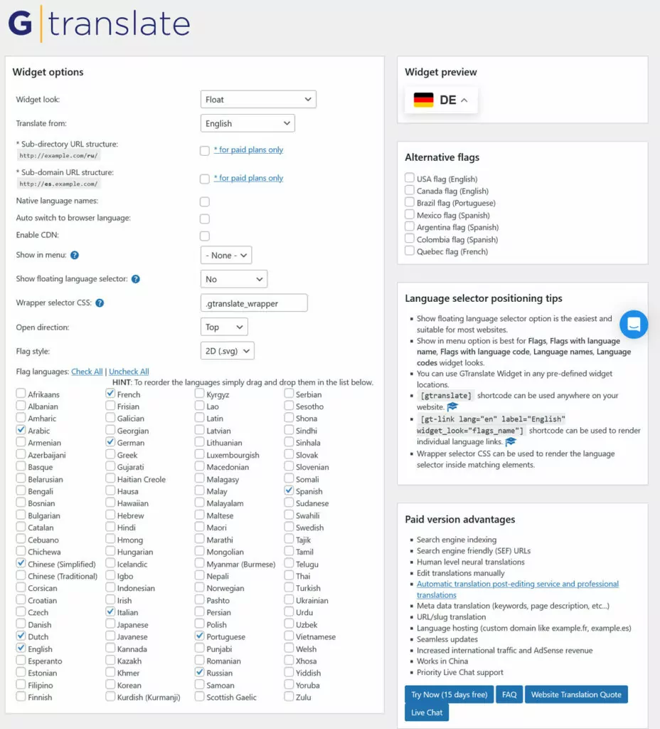 Options de configuration de gtranslate