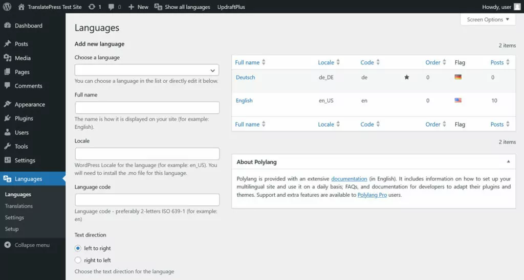 gestion du langage polylang