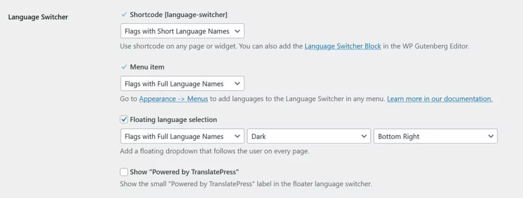 paramètres du sélecteur de langue Translatepress