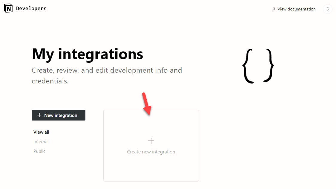 crie uma nova integração do Notion