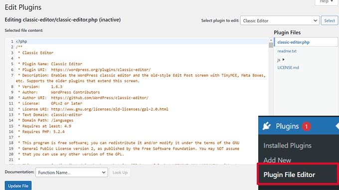 Plugin file editor in WordPress