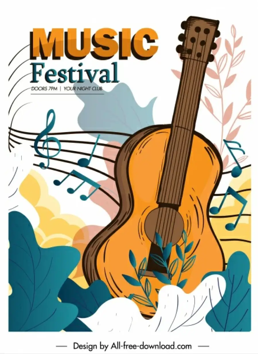 Modello di poster musicale arredamento di note di chitarra classica -