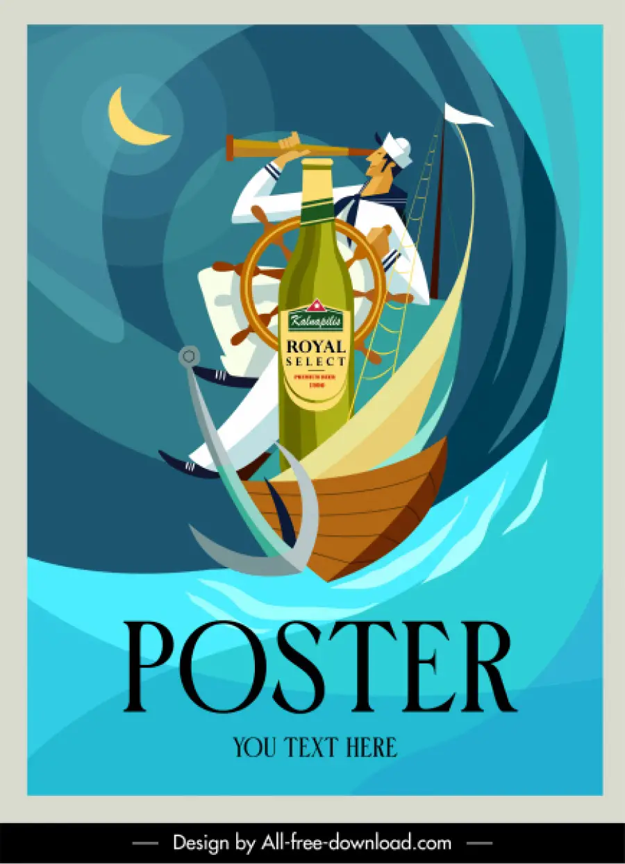 Modello di poster pubblicitario del vino schizzo di elementi marini marinaio -