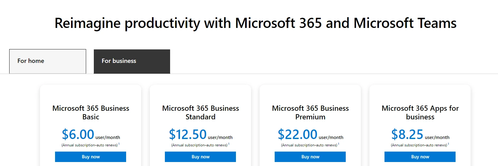 Página de precios de Microsoft Office para empresas.