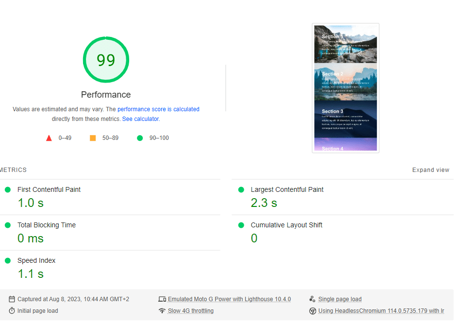 Raport de performanță înainte de a activa imaginile de fundal CSS LazyLoad