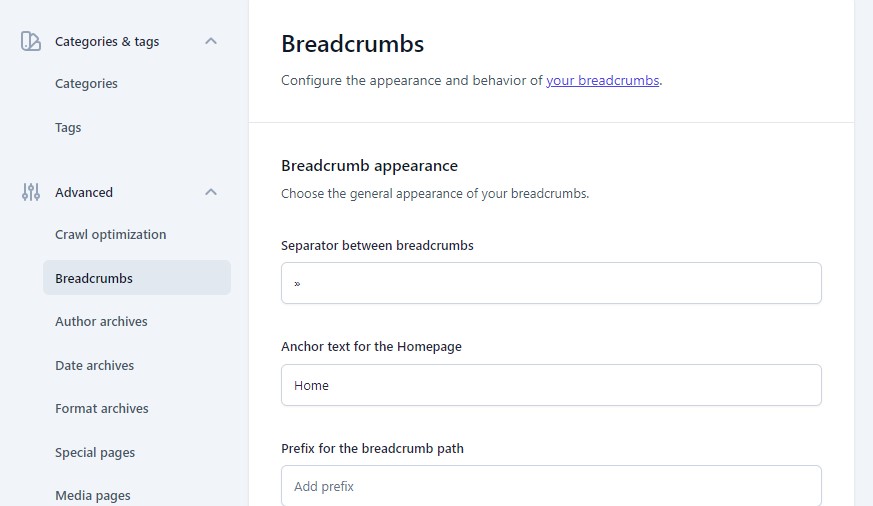 Configuración de migas de pan de Yoast