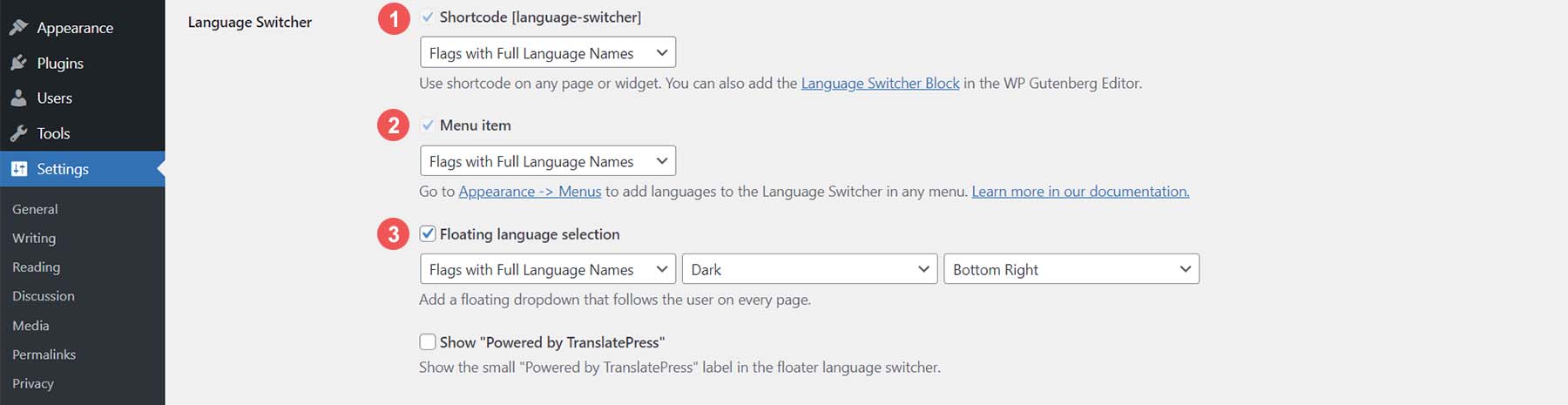 Options de changement de langue de TranslatePress