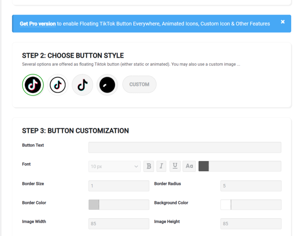 WordPress için Floating TikTok butonu eklentisinde mevcut olan ayarlar