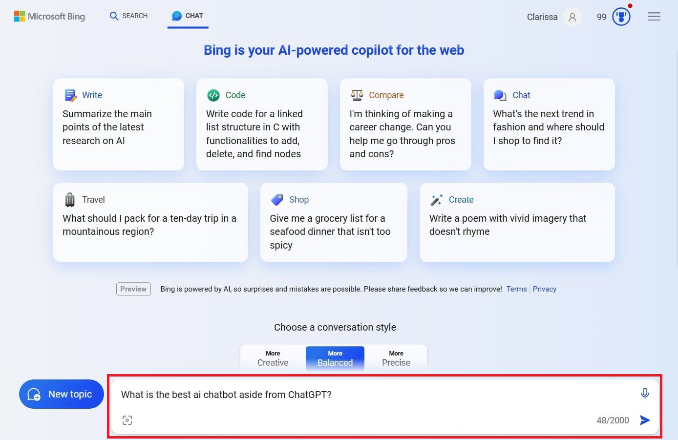 Bing-Frage über Eingabeaufforderungsfeld