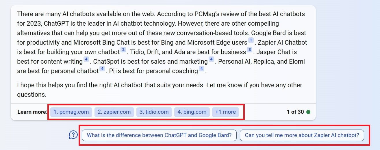 Interfaccia utente Bing (raccomandazioni e fonti)