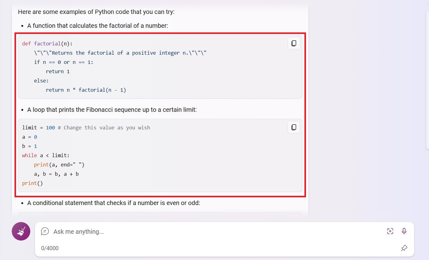 Bing générant du code Python