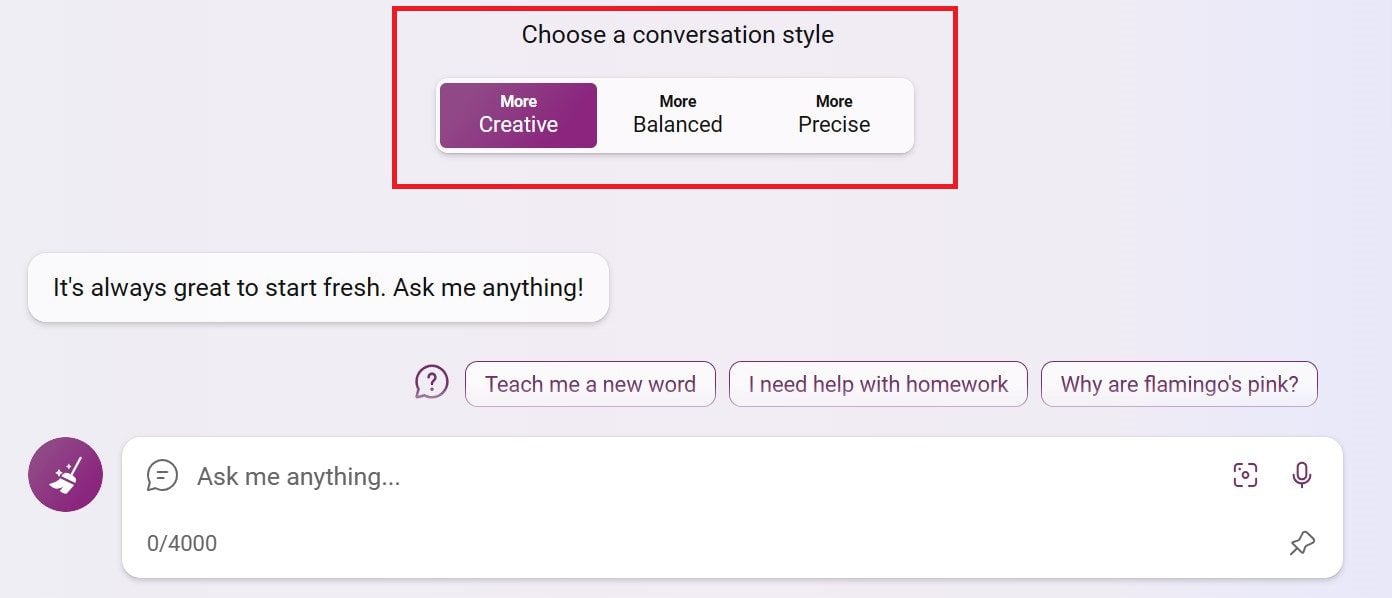 Bing AI - Escolha o estilo de conversa